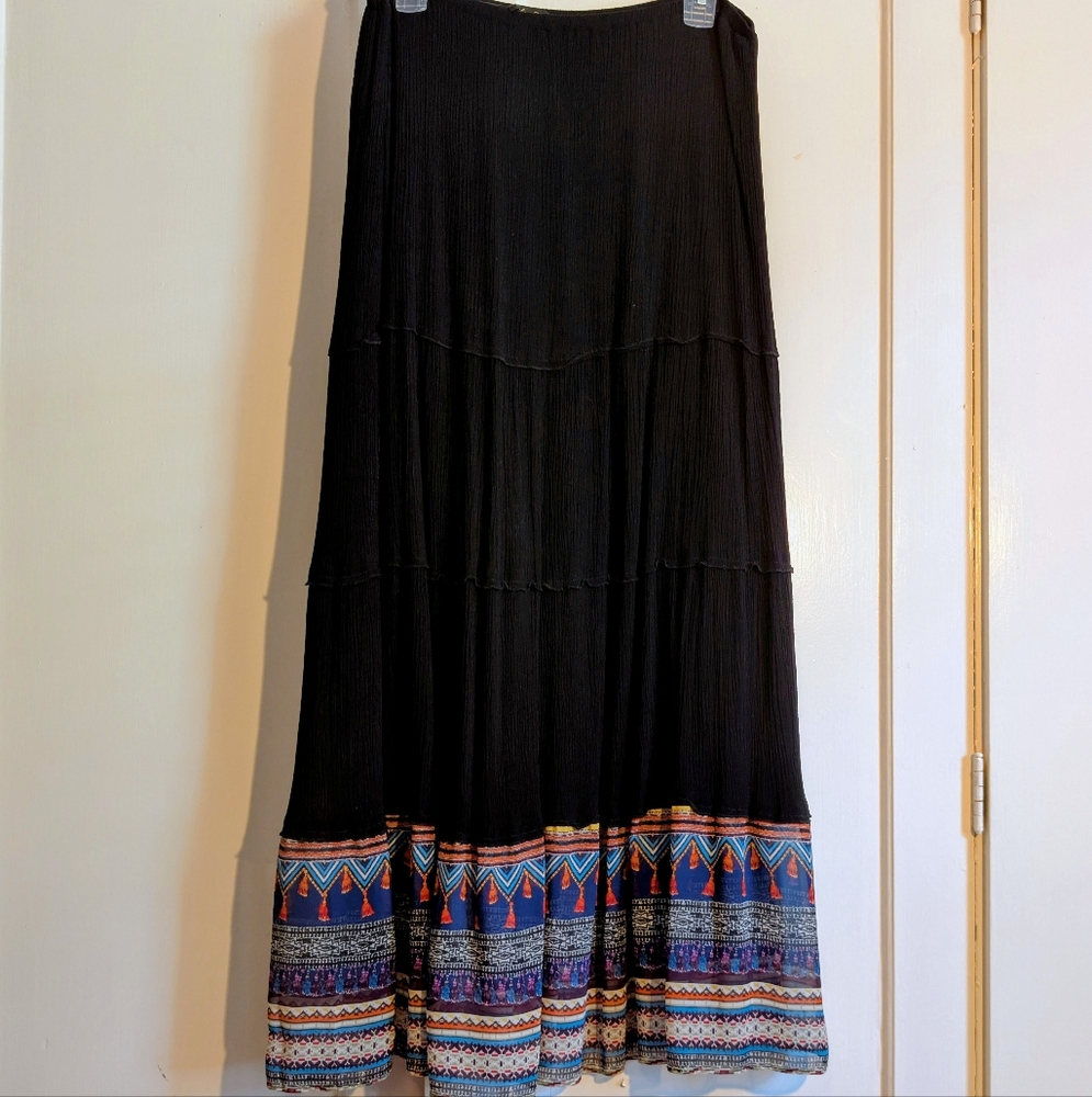 Melissa Paige Bohemian Black Maxi Skirt with Colorful Hem, M, L, EUC